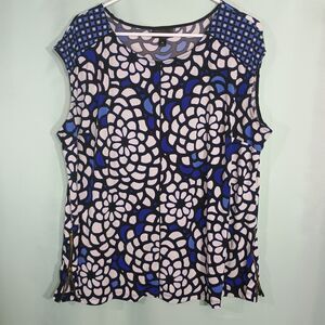 Women's Sleeveless Floral Top Blue White Abstract Print Blouse Casual Stretch